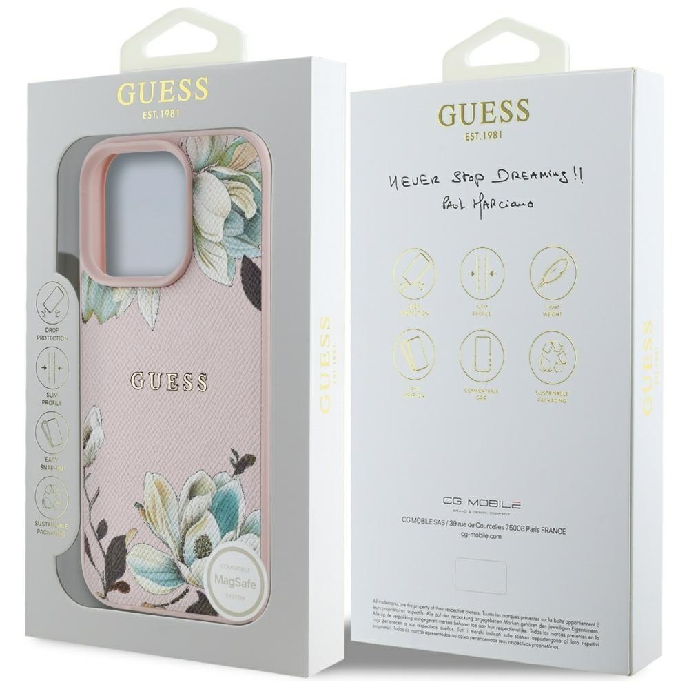 Etui Guess Grained Printed Flower Pattern MagSafe do iPhone 16 Pro różowy